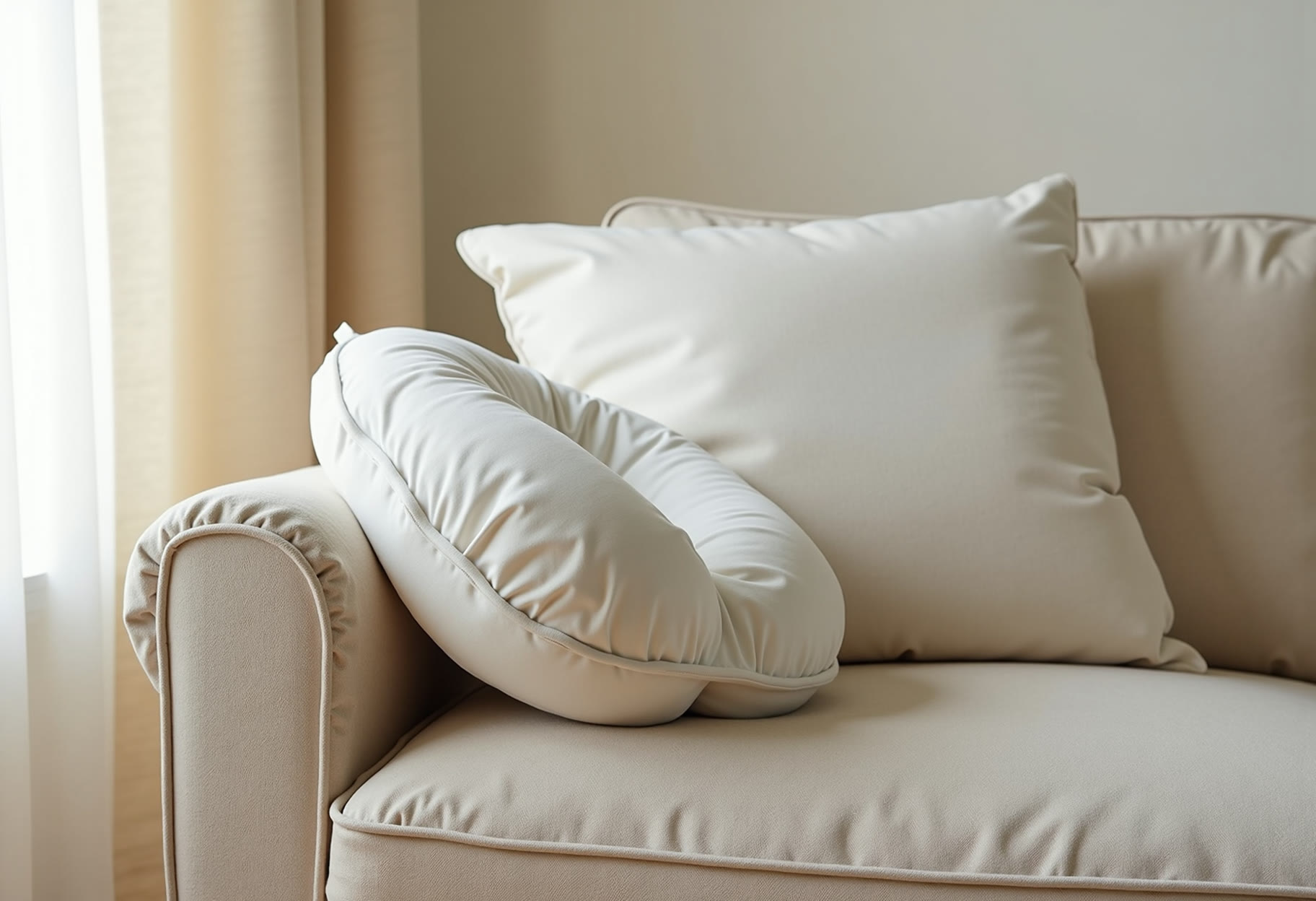 Nursing pillow on arm of sofa, folded blanket beside it