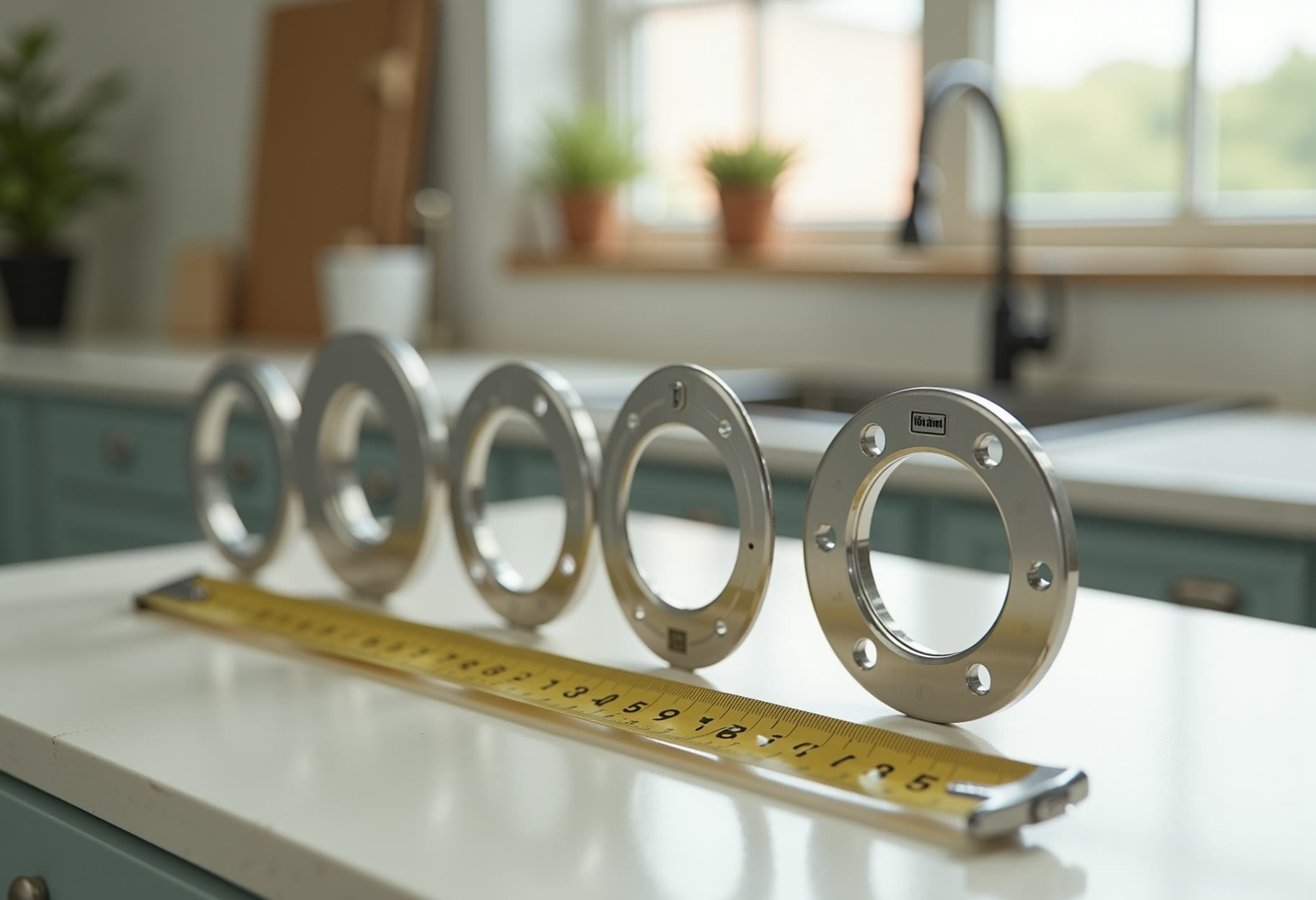 Flange sizing rings laid next to measuring tape