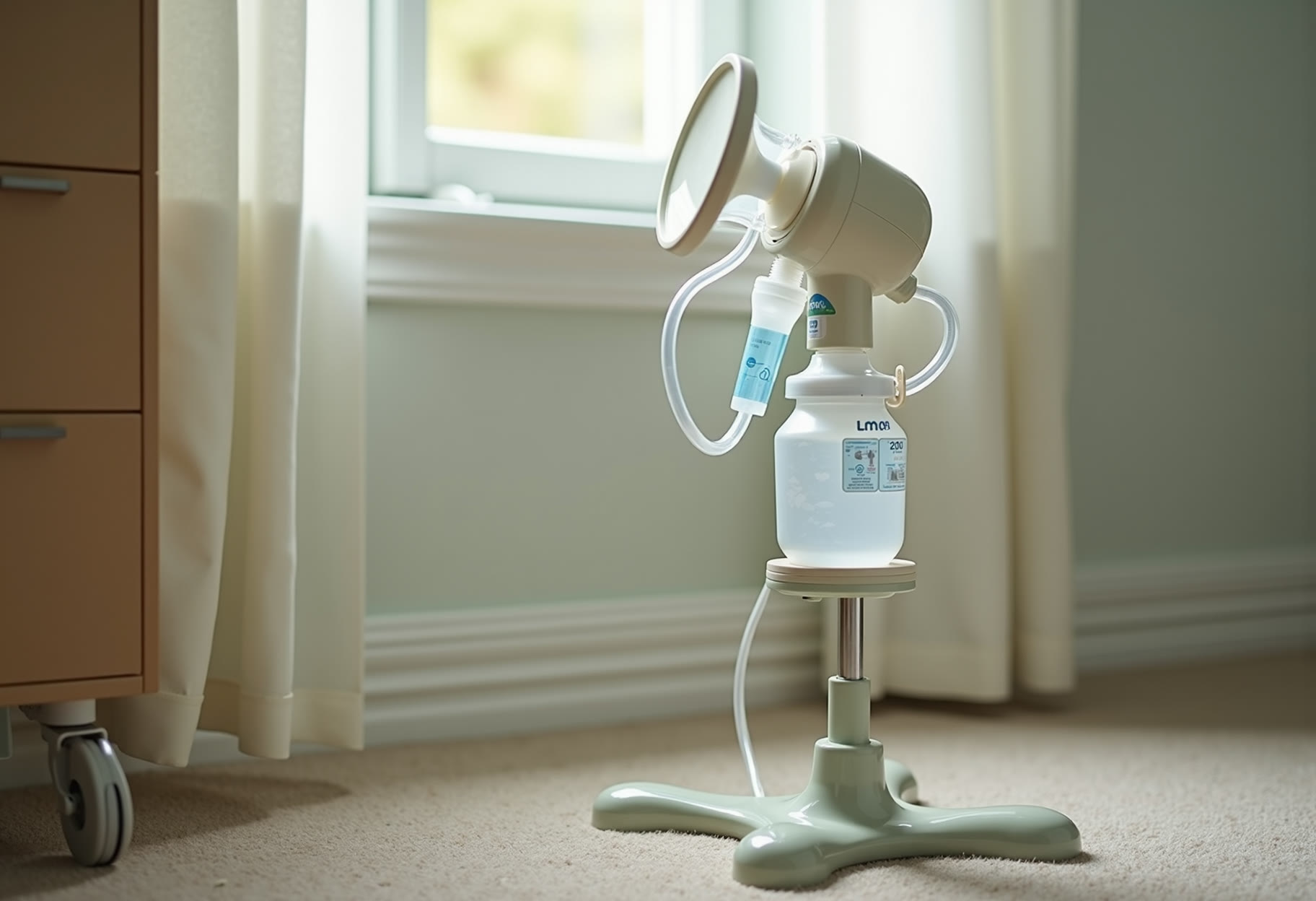 Hospital-grade pump on floor beside outlet