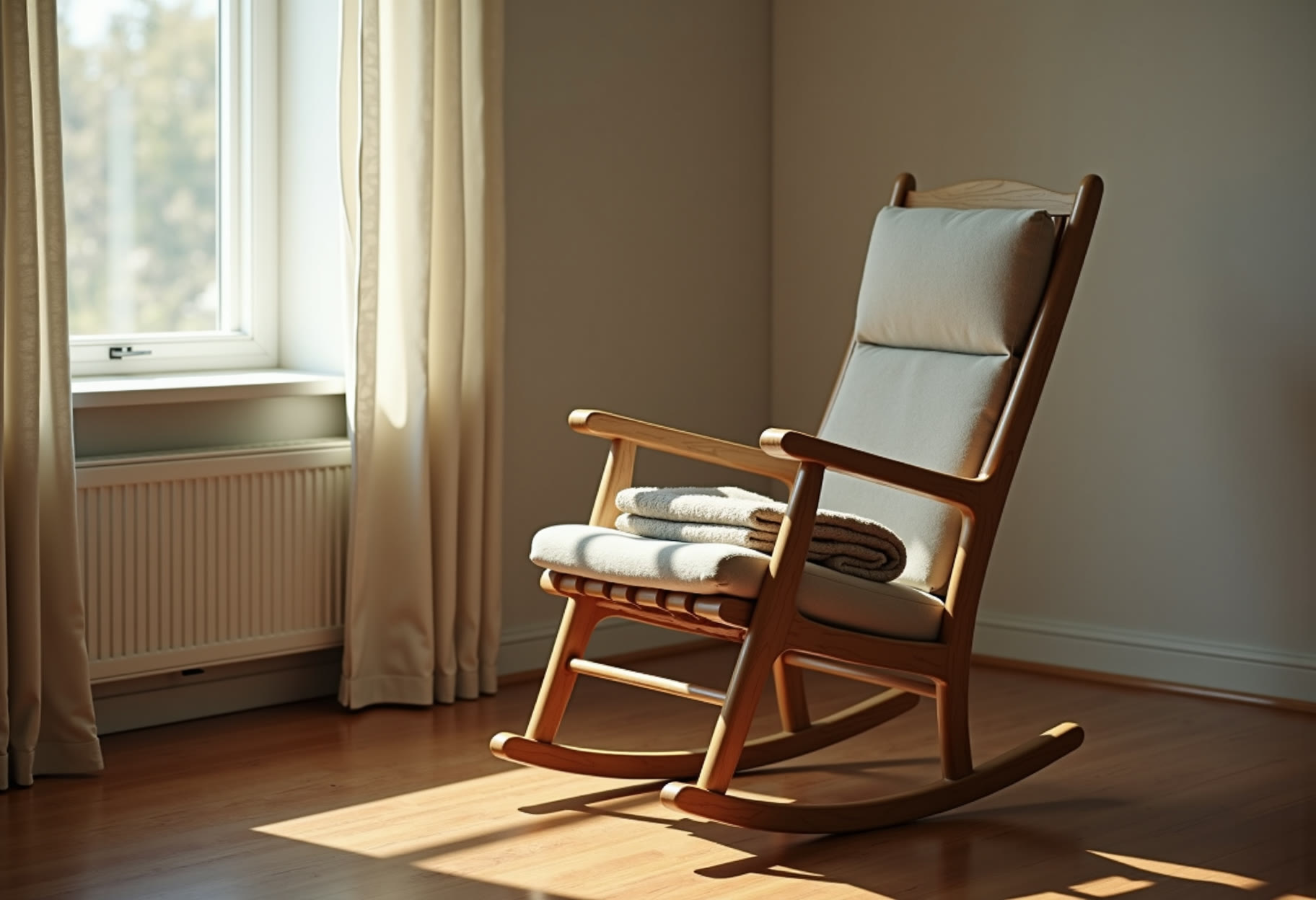Window light across empty rocking chair